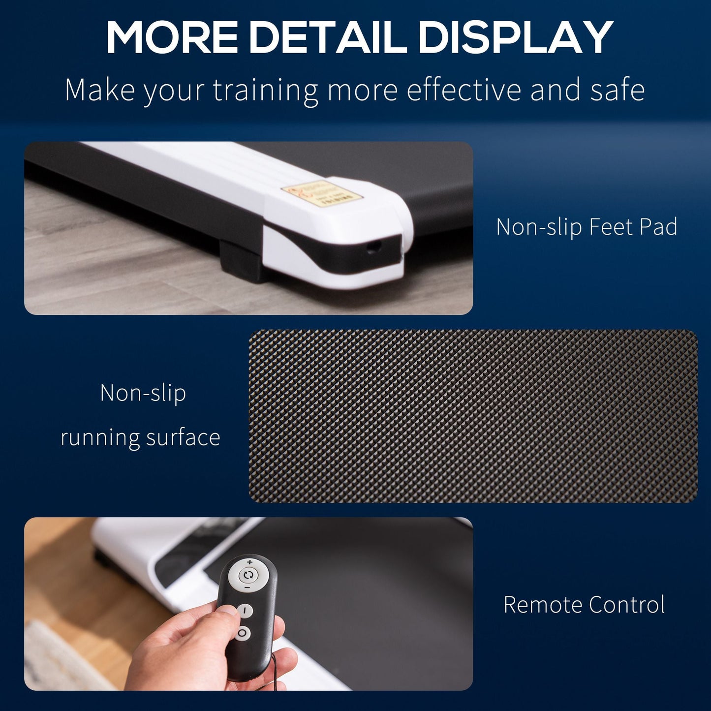 Product display with non-slip feet pad, running surface, and remote control on a blue background.