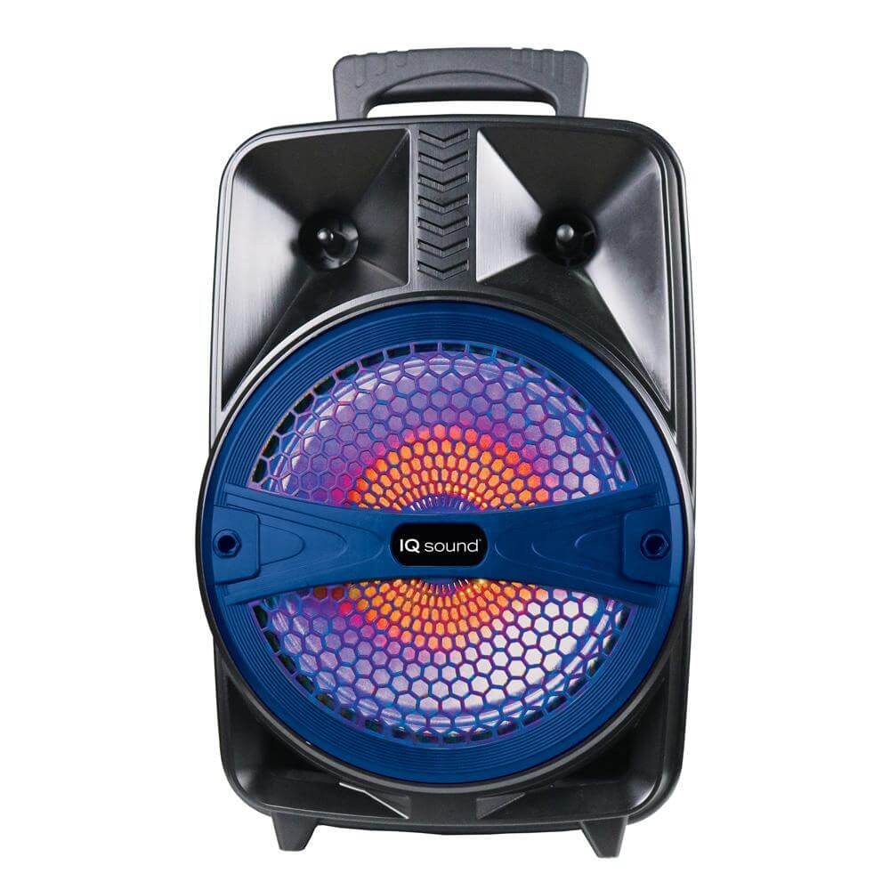 Portable speaker with colorful grill and IQ Sound branding on a white background
