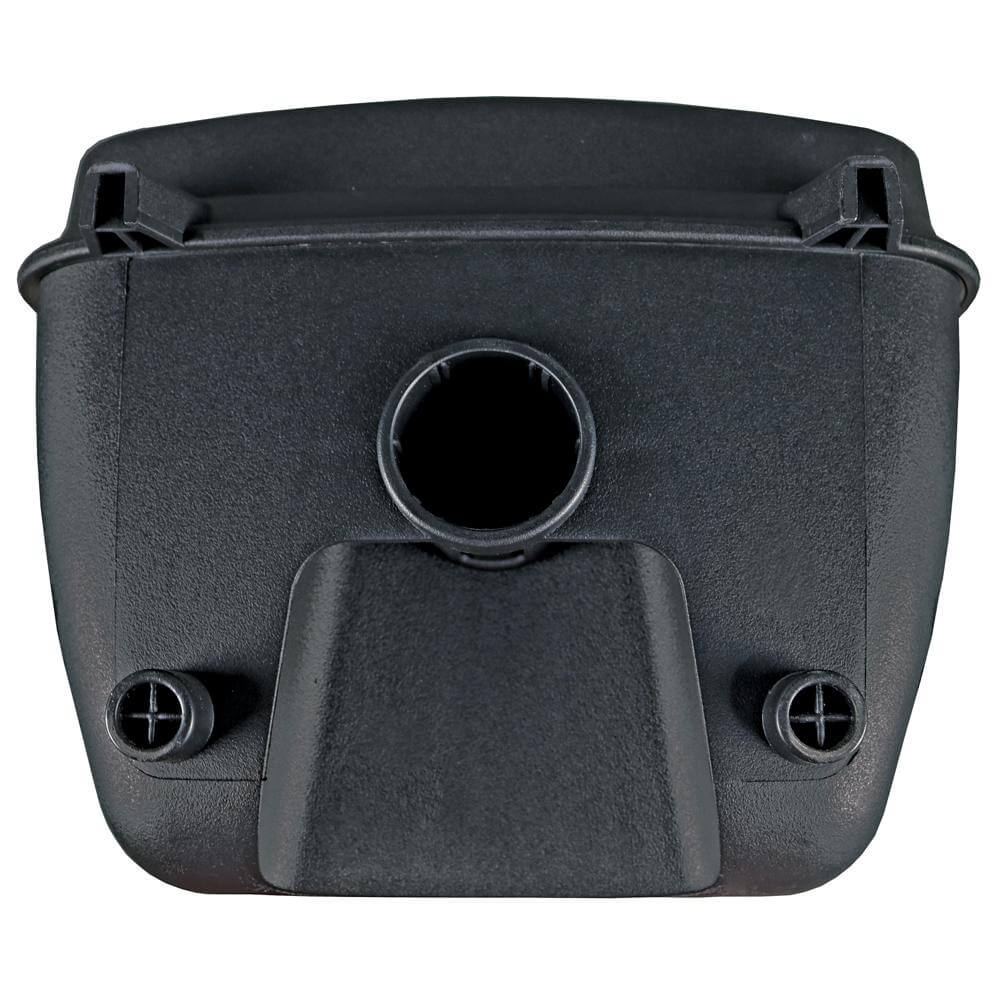 Black plastic component with a central hole on a white background