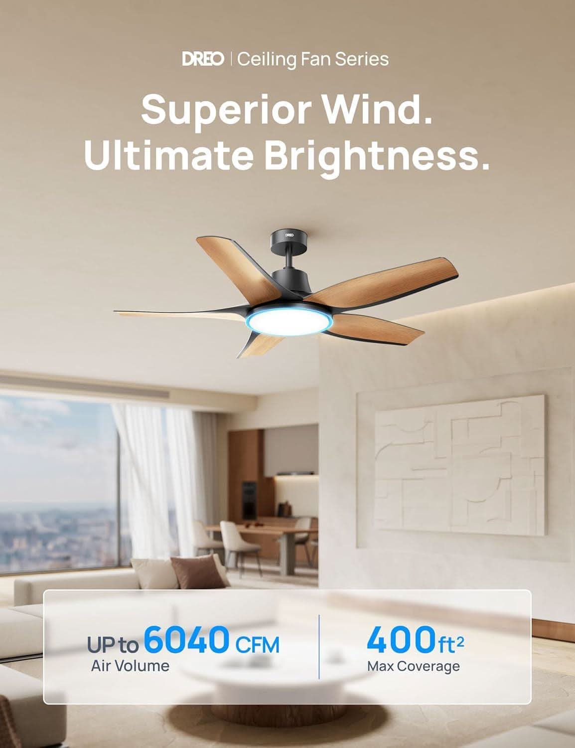Ceiling fan with bright light in a modern living room, featuring text about wind quality and brightness.