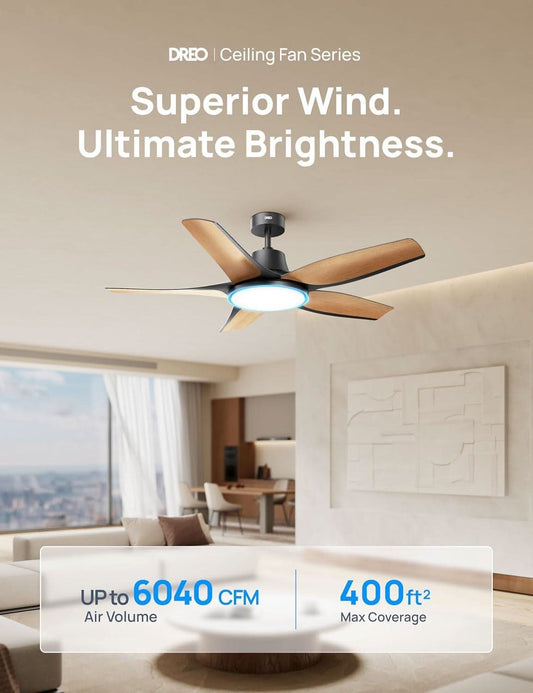 Ceiling fan with bright light in a modern living room, featuring text about wind quality and brightness.