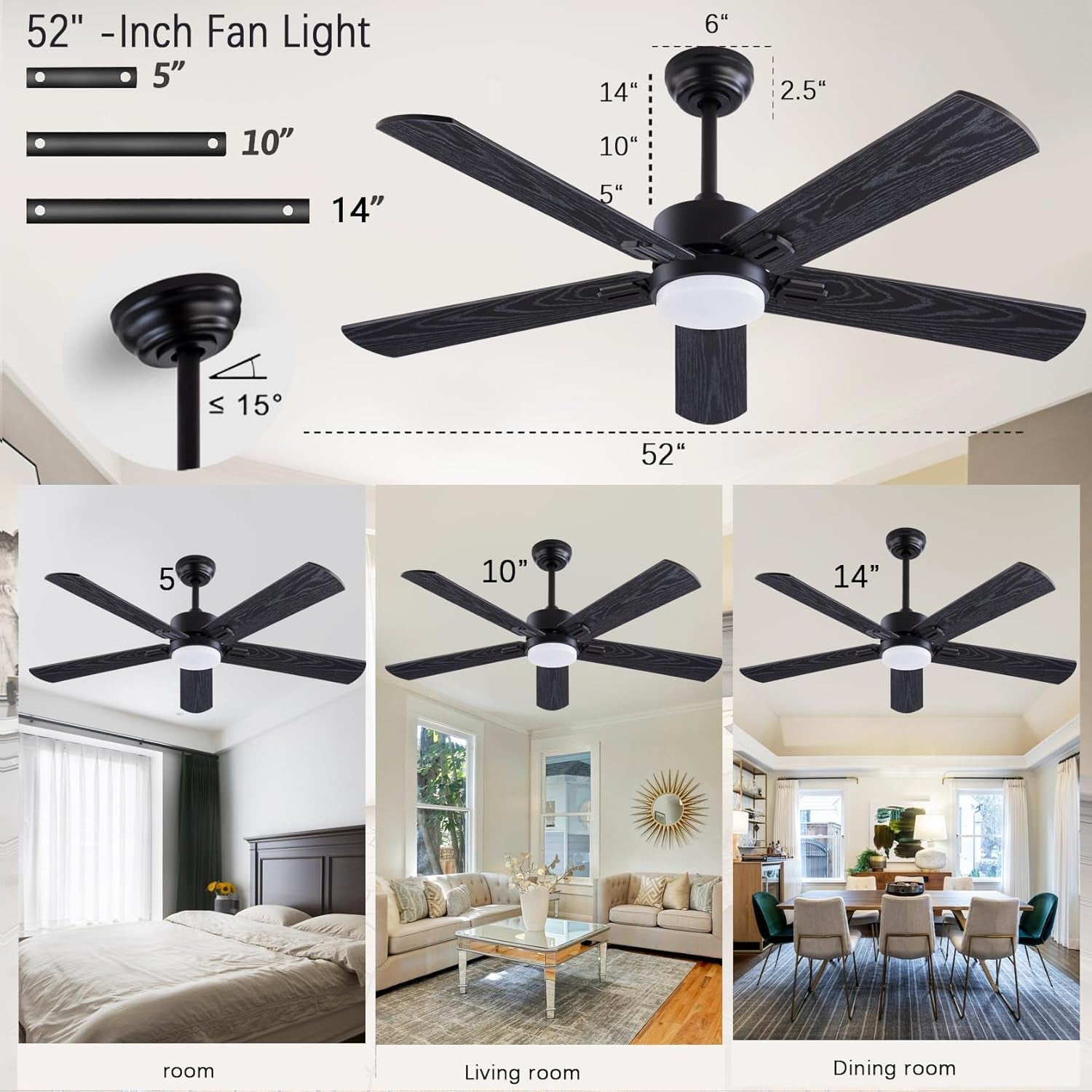 Ceiling fan with dimensions and usage scenarios in different rooms.