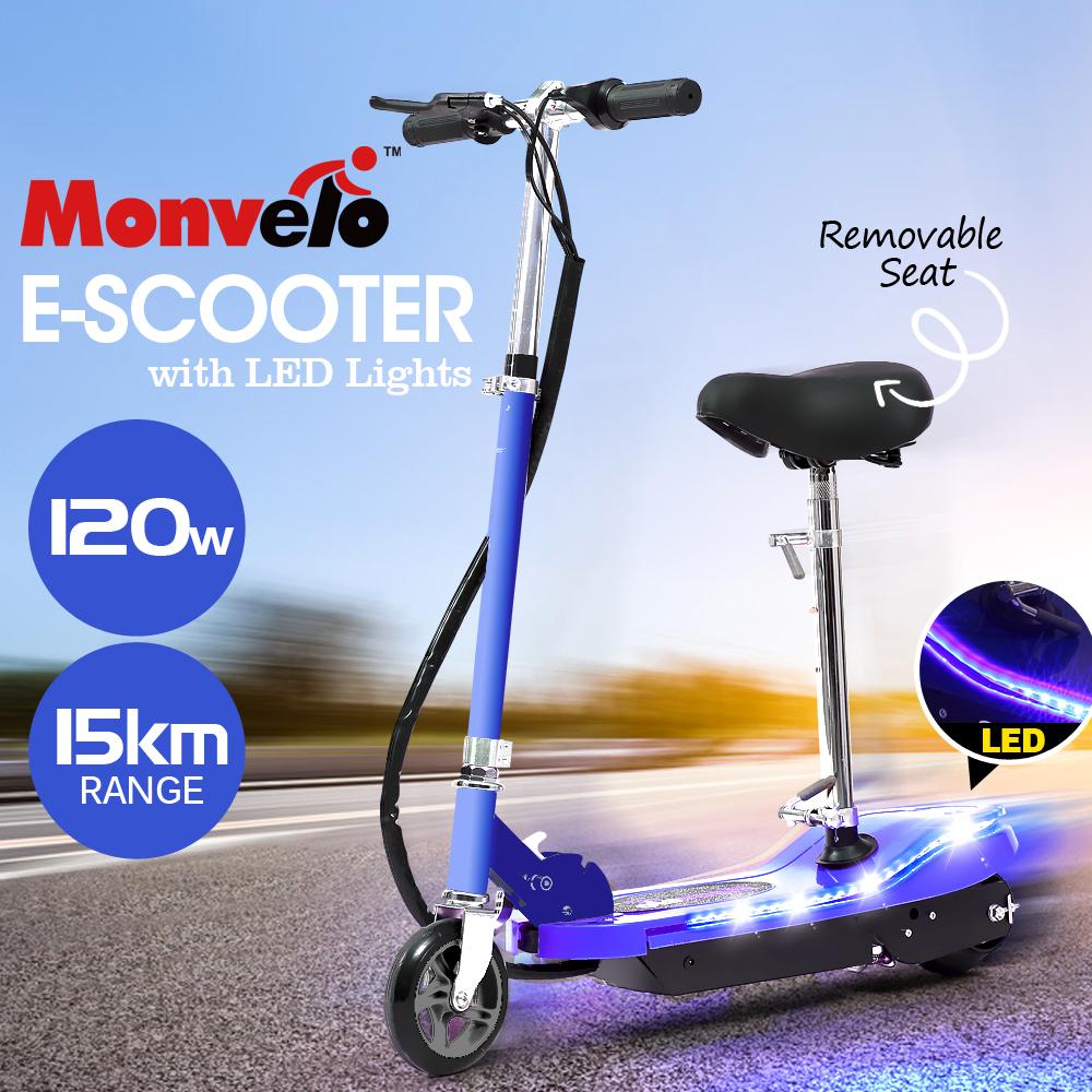Blue e-scooter with Monvelo branding on a blurred road background