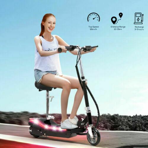 Woman riding an electric scooter with icons and text on a clear sky background
