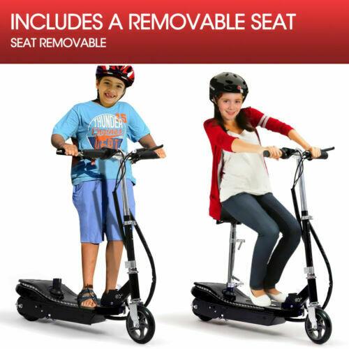 Two children on scooters with a removable seat feature highlighted.
