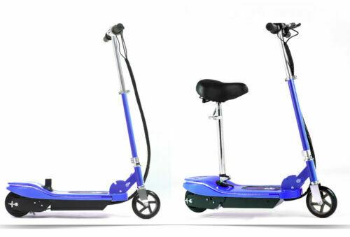 Two blue electric scooters with seats on a white background