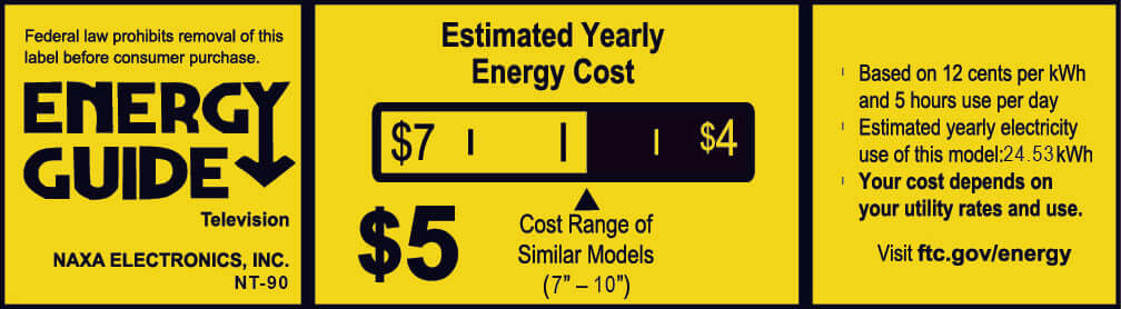 Energy guide label for a television with estimated yearly energy cost and cost range of similar models.