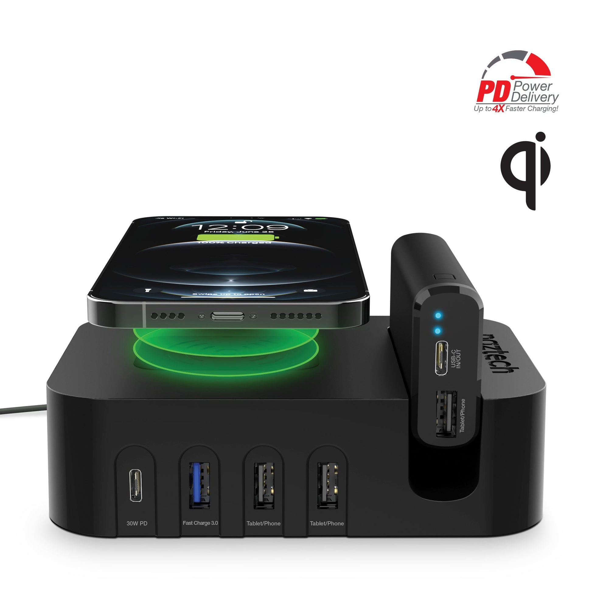 Black charging station with multiple ports and a smartphone on top, featuring Qi wireless charging logo.