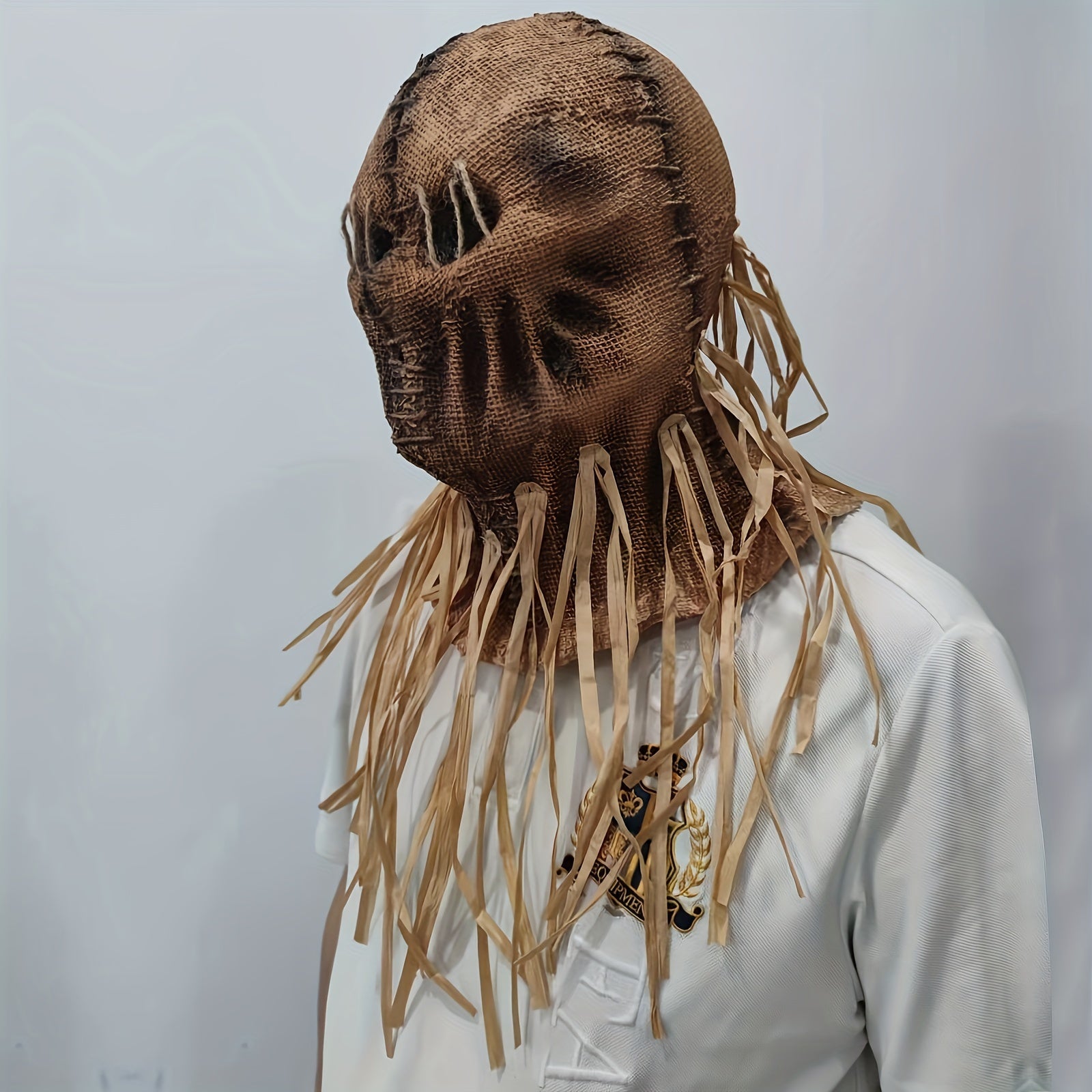 Person wearing a burlap mask with frayed edges on a plain background