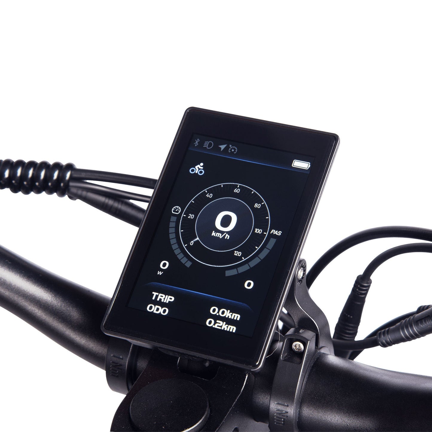 Digital display on a motorcycle handlebar with various indicators. Axis-Dynamics