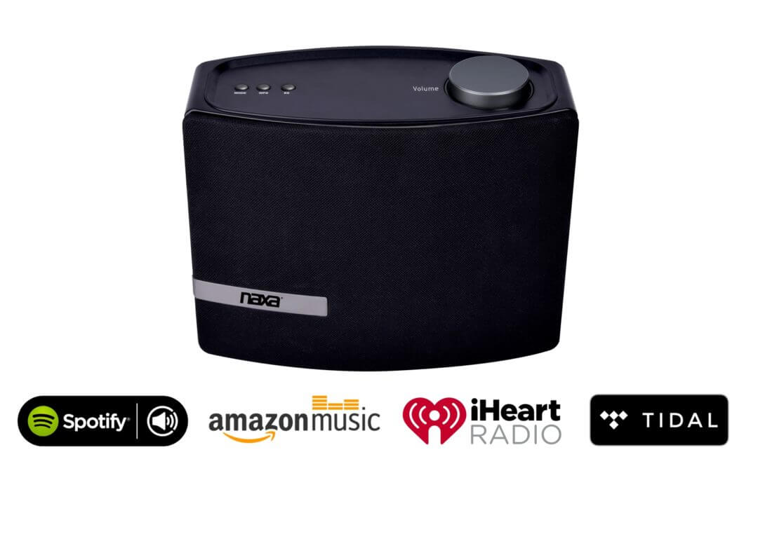Black speaker with Naxa logo and music service logos on a white background
