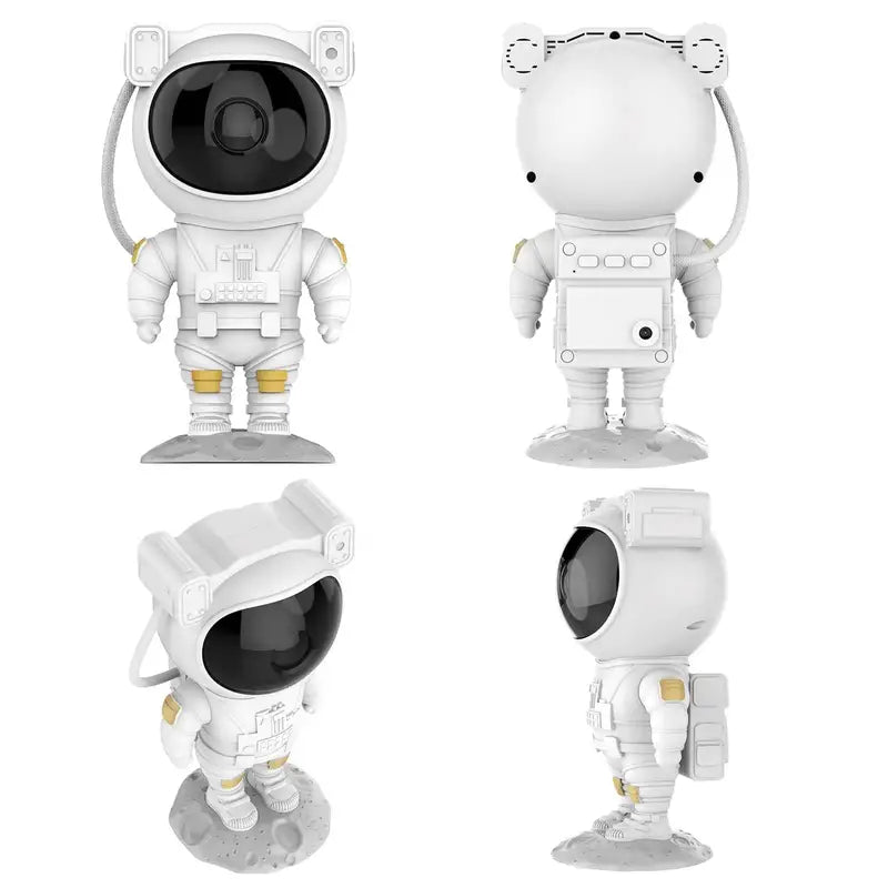 Four views of a white astronaut figure with a black helmet on a white background
