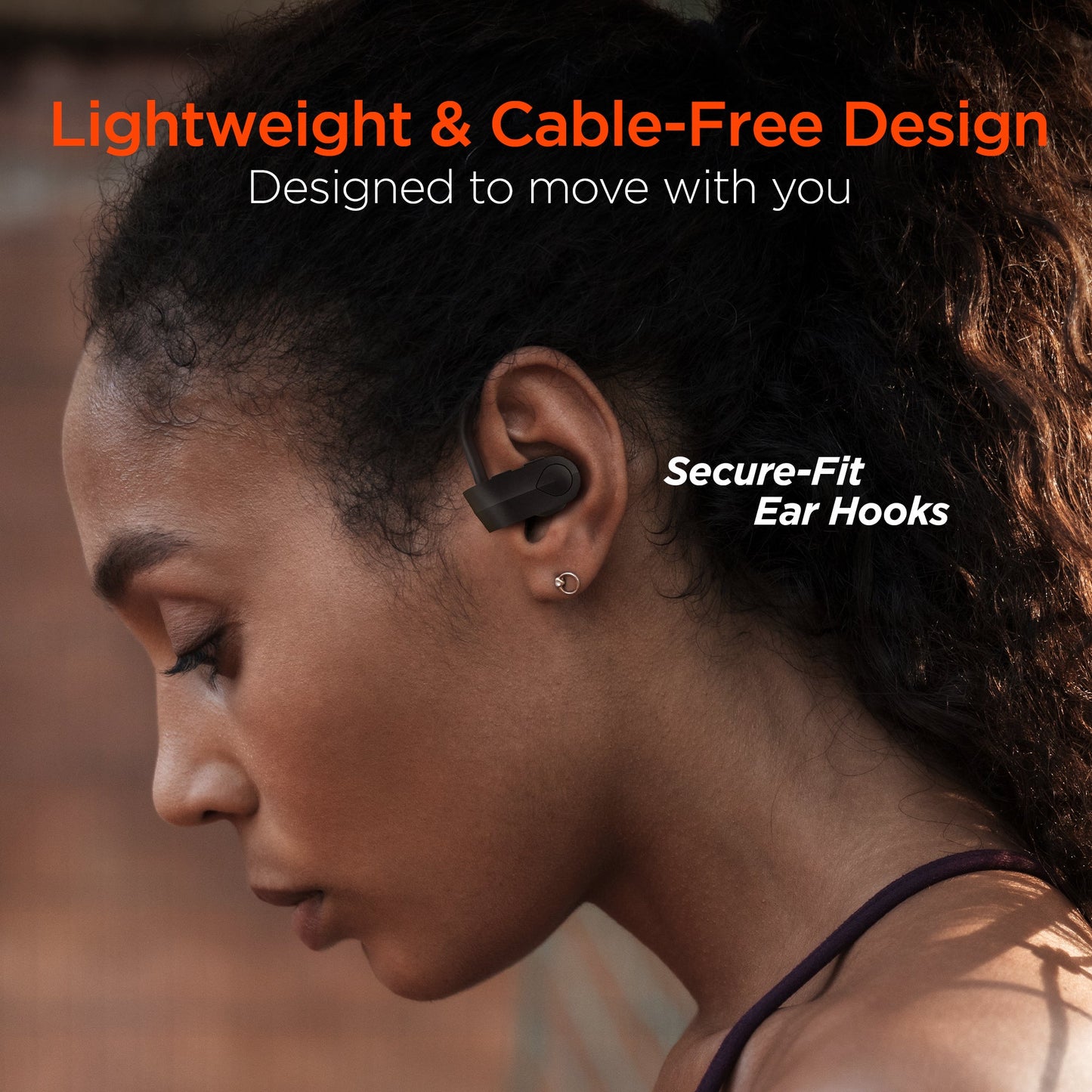Person wearing wireless earbuds with text highlighting design features