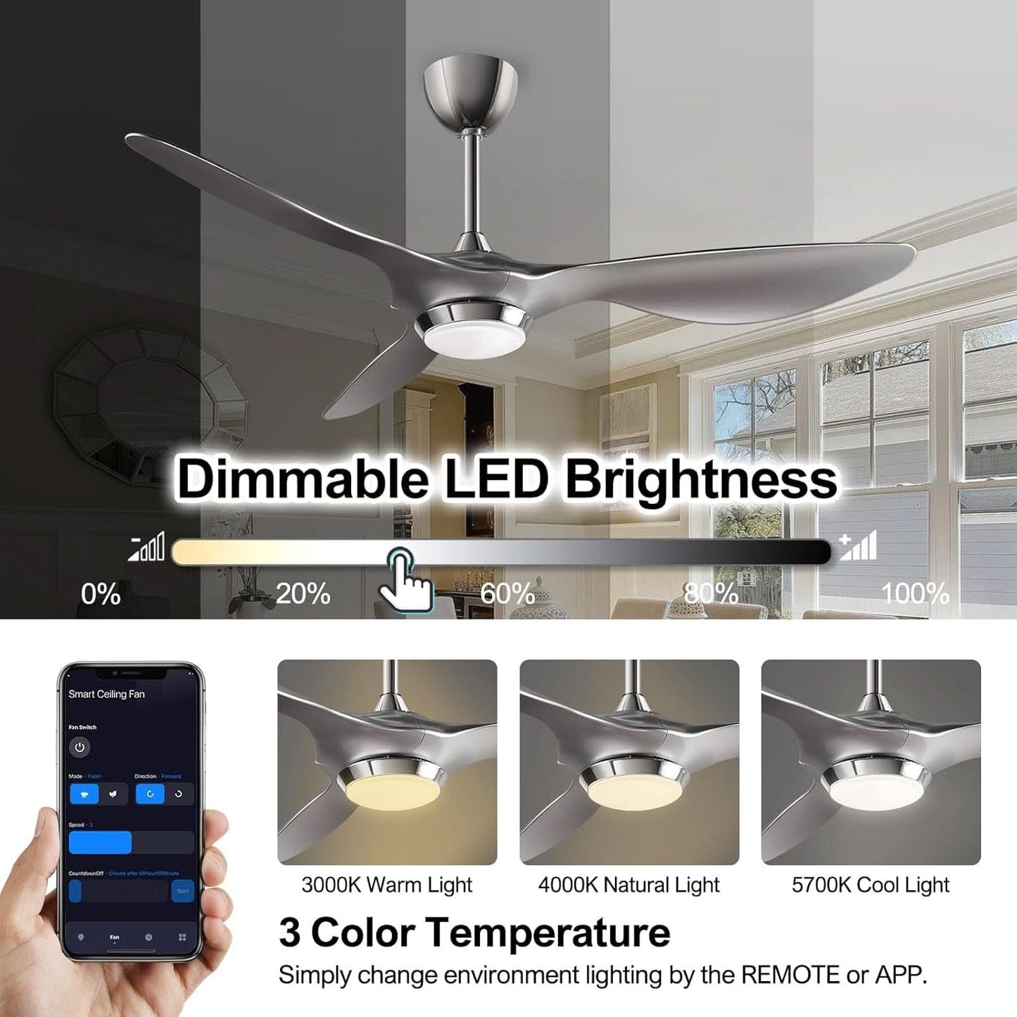 Ceiling fan with dimmable LED brightness control and color temperature options in a home setting.