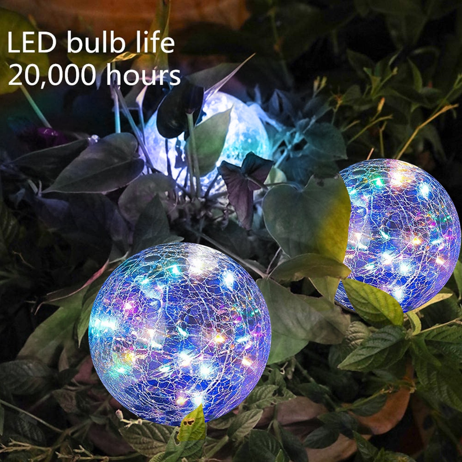 Colorful LED glass balls on plants with text indicating LED bulb life of 20,000 hours.