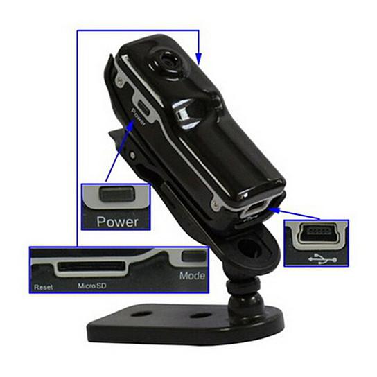 Black surveillance camera with labeled power, reset, micro SD, and mode buttons on a white background.