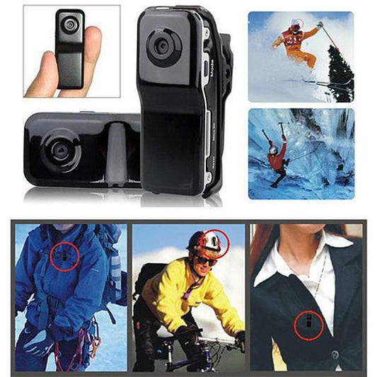 Small black camera with various use cases including skiing, ice climbing, and sports activities.