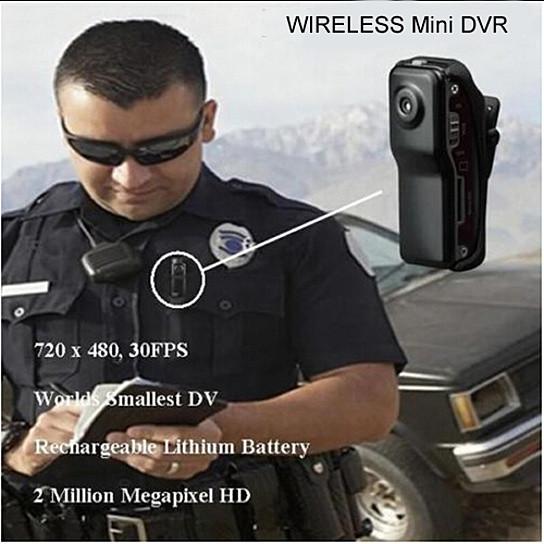 Wireless mini DVR being held by a person in uniform with specifications displayed.