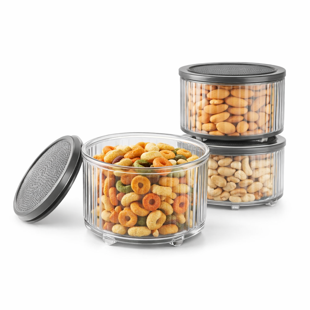 Set of three transparent containers with snacks on a white background