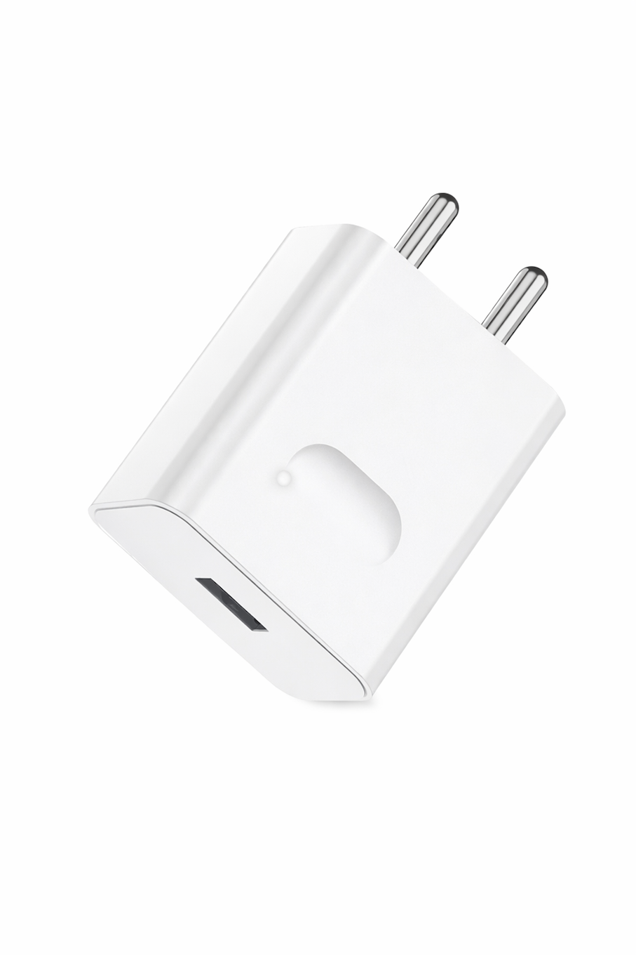 A white wall charger plug with two silver metal pins, shown at an angle on a clean white background. ergonomic vertical wireless mouse for carpal tunnel