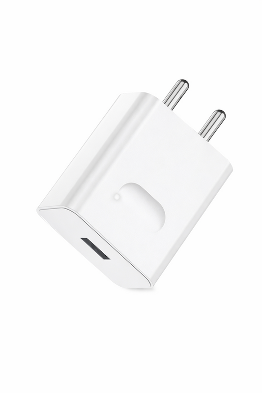 A white wall charger plug with two silver metal pins, shown at an angle on a clean white background. ergonomic vertical wireless mouse for carpal tunnel