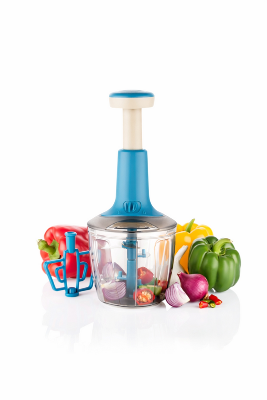 Vegetable chopper with colorful vegetables on a white background