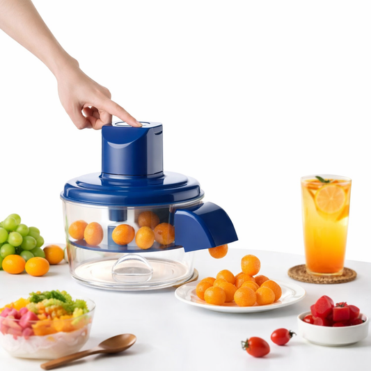 Blue juicer with oranges, fruits, and a glass of juice on a white background
