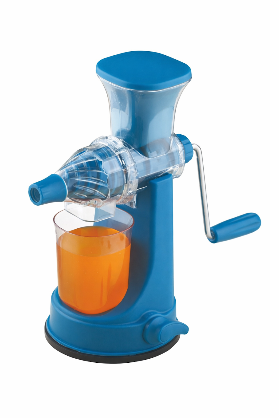 Blue manual juicer with an orange juice container on a white background