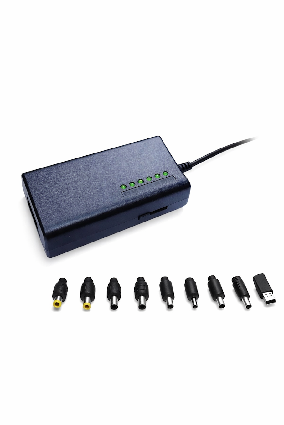 A black electronic power adapter or charger with six green LED indicator lights, shown with nine different USB and DC power plug attachments arranged below on a white background. Best electronics online store near me. Axis-Dynamics