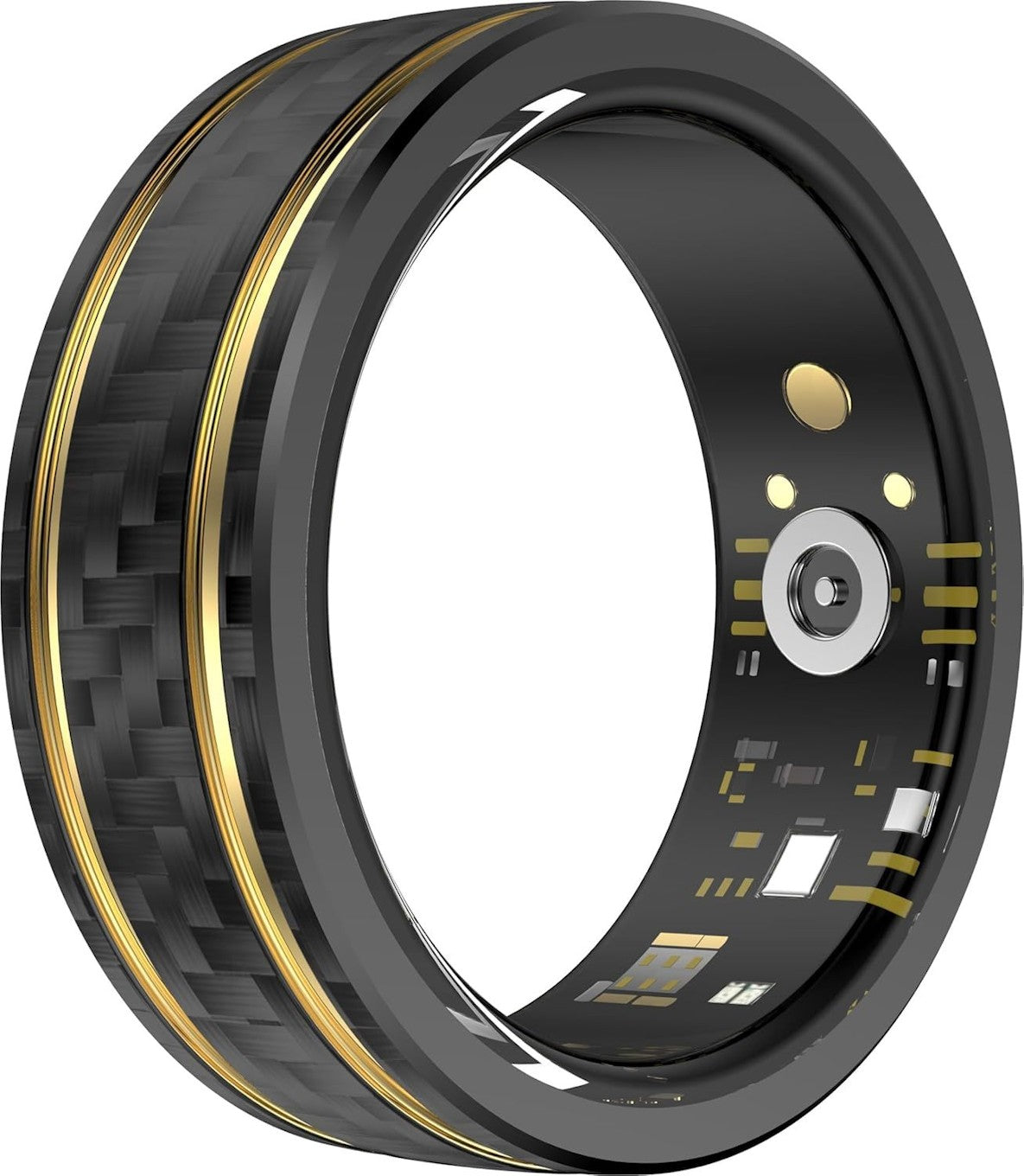 Smart ring with carbon fiber texture and electronic components on a white background