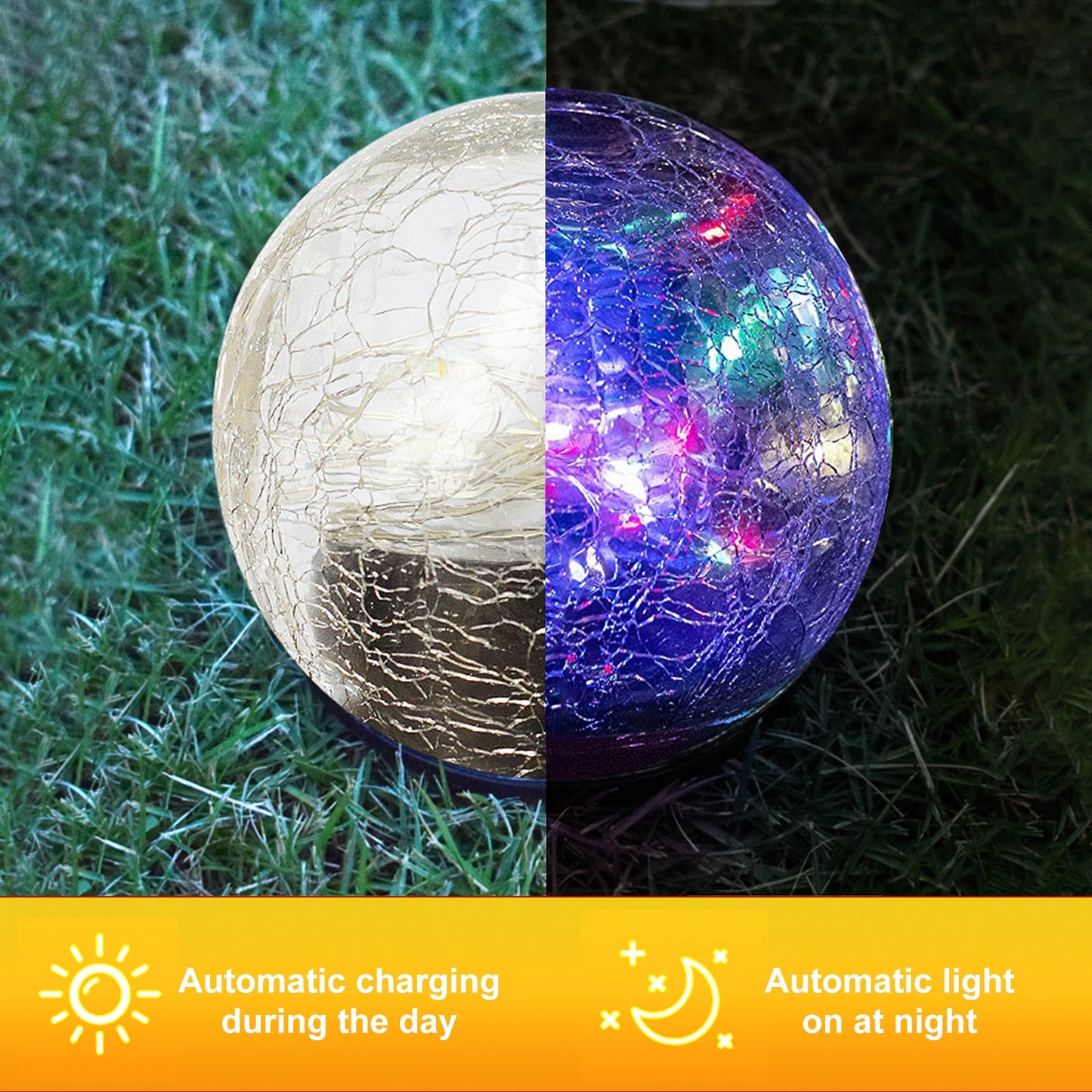 Two halves of a cracked glass ball, one showing cracks on grass and the other glowing with colorful lights on dark grass.