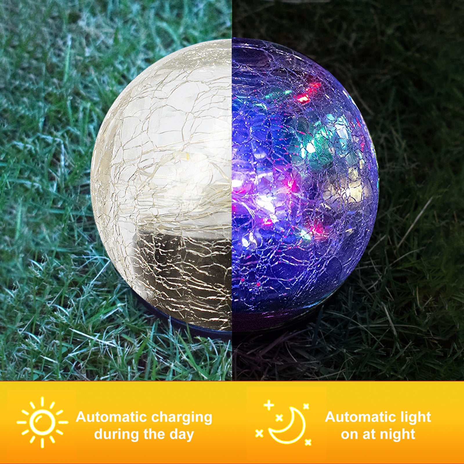 Two halves of a cracked glass ball, one showing cracks on grass and the other glowing with colorful lights on dark grass.