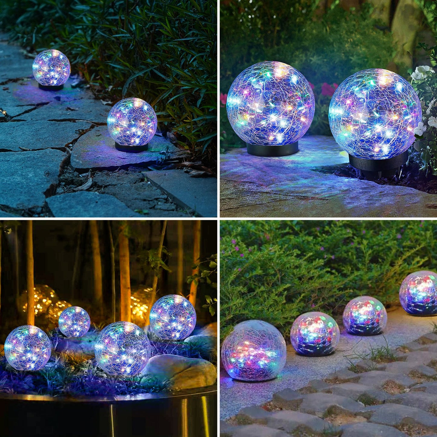 Collage of colorful glass globe lights in various outdoor settings.