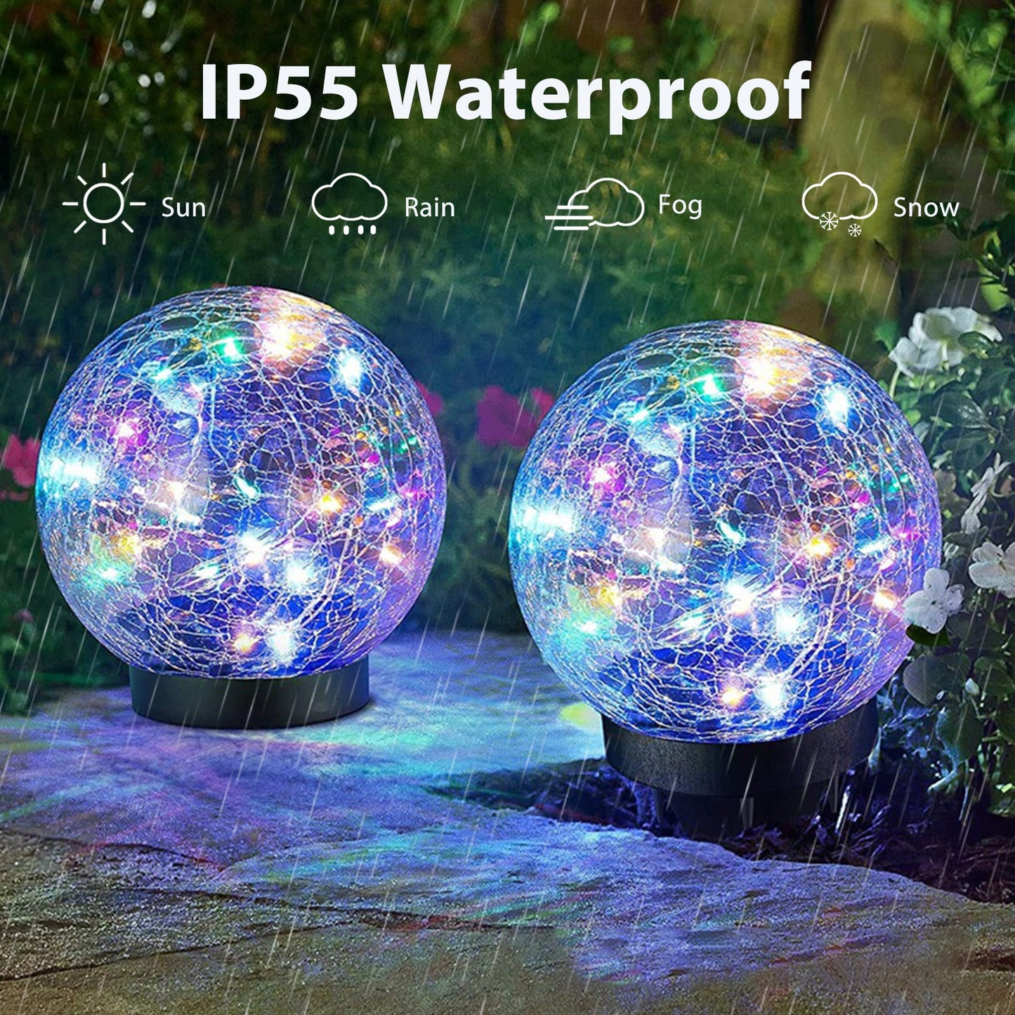 Two waterproof LED garden balls in a rainstorm with 'IP55 Waterproof' text above.
