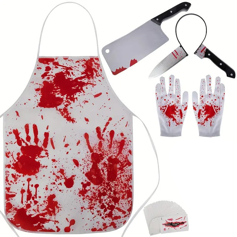 Bloody apron, gloves, and cleaver on a white background