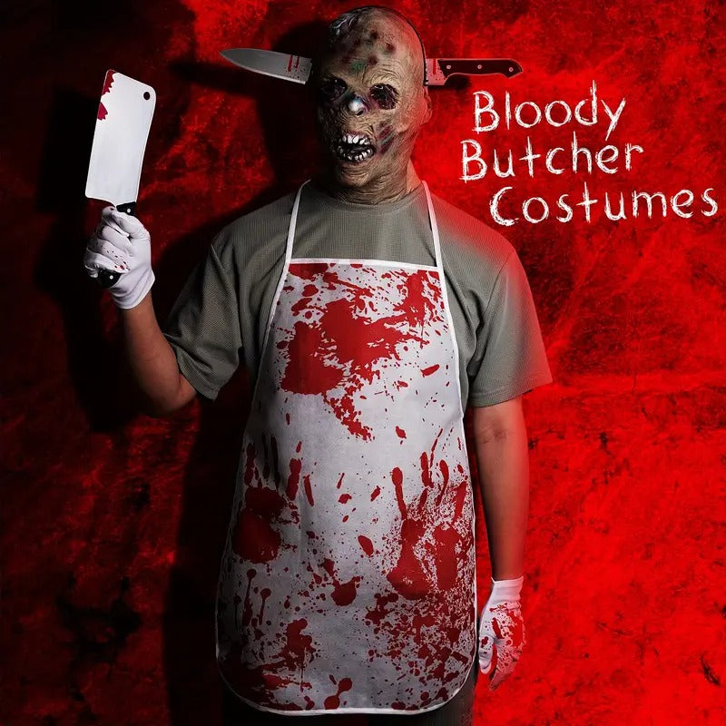 Person in a bloody butcher costume with a red background and text.