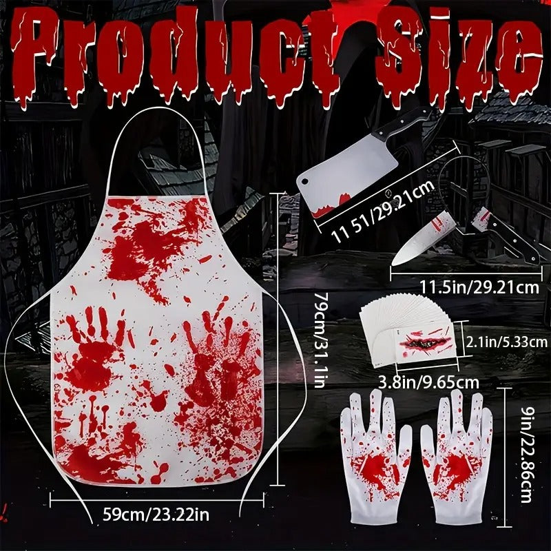 Halloween-themed product set with apron, gloves, and mask on a dark background with measurements.