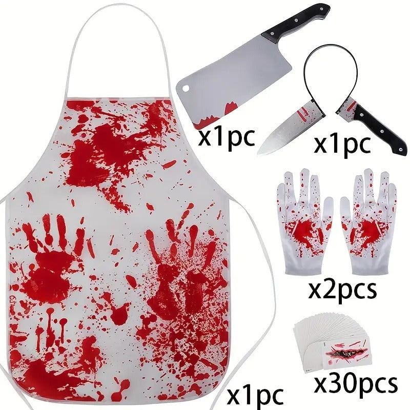 Bloody apron, knives, gloves, and masks on a white background