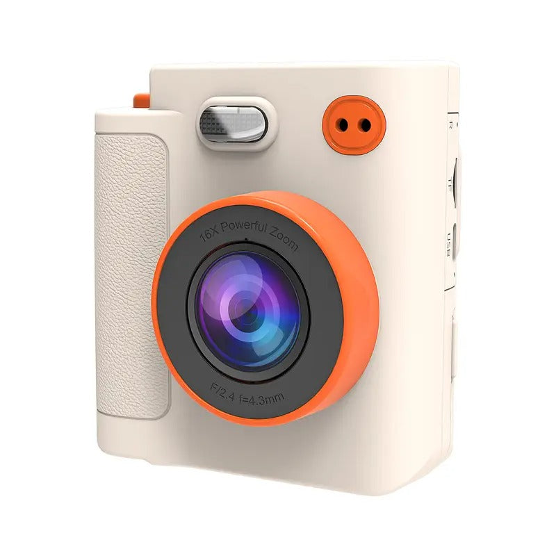 Instant camera with orange accents on a white background