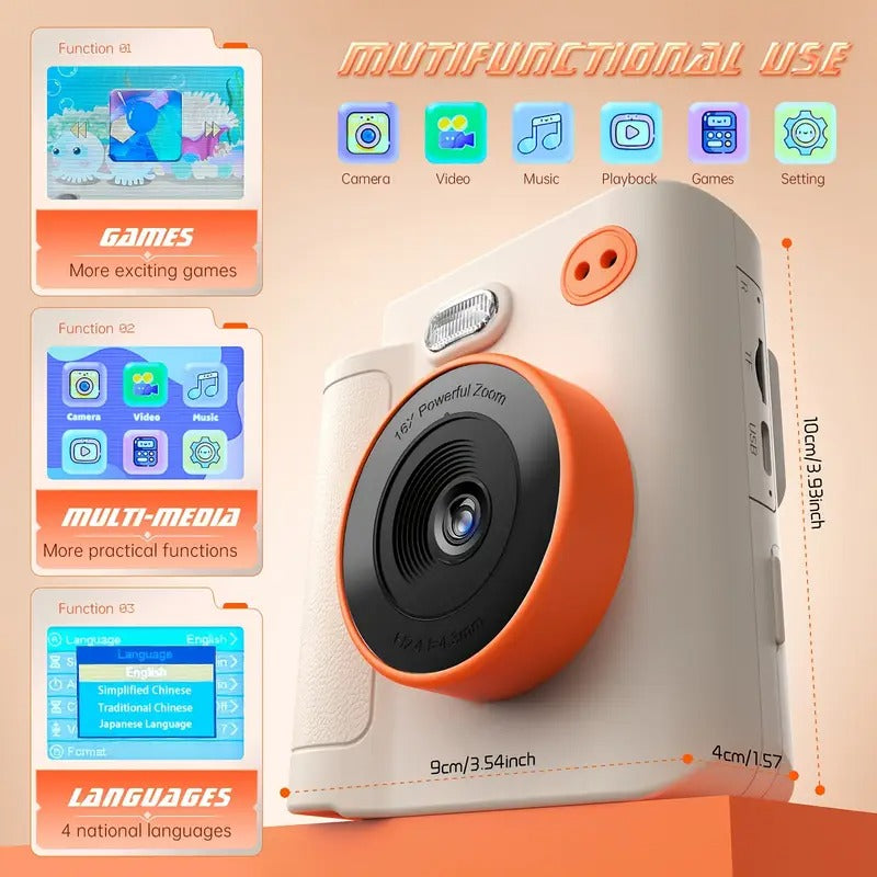 Multifunctional device with camera, video, music, playback, games, and language features on an orange background.