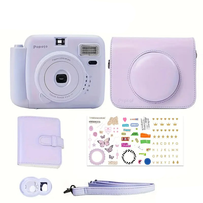 Lavender instant camera set with case, strap, and stickers on a white background