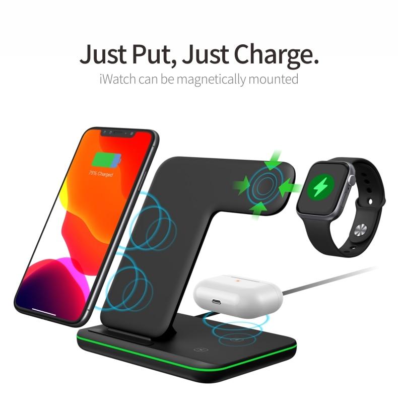 Wireless charging stand with smartphone, smartwatch, and earbuds on a white background.