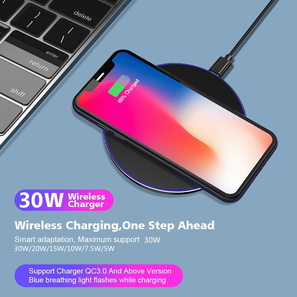 Smartphone on a wireless charger with text highlighting charging capabilities on a blue background