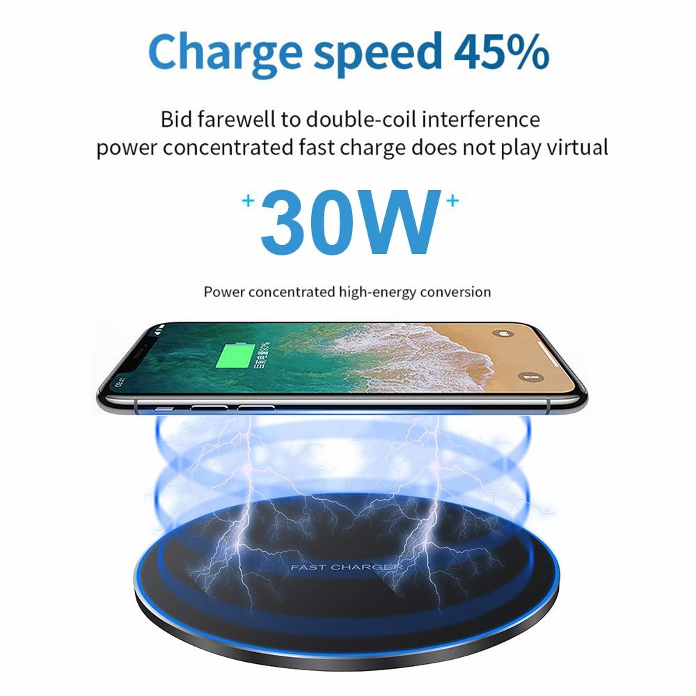 Wireless charging pad with smartphone on a white background, highlighting 30W charging speed.