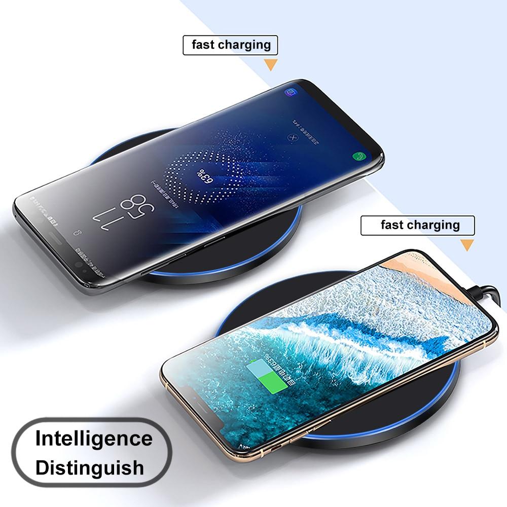 Two smartphones on wireless charging pads with text indicating fast charging and intelligence distinguishing features.