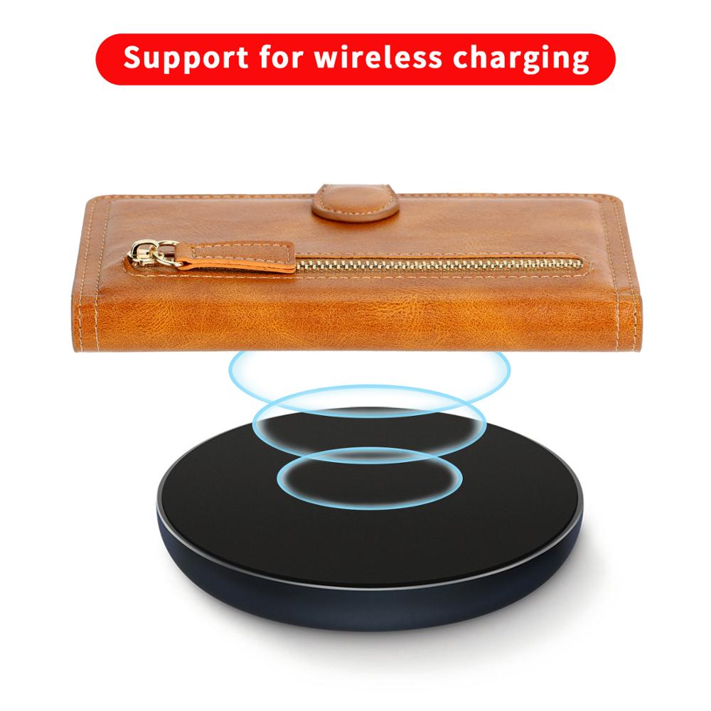 Brown leather wallet above a wireless charging pad with text 'Support for wireless charging' on a white background.