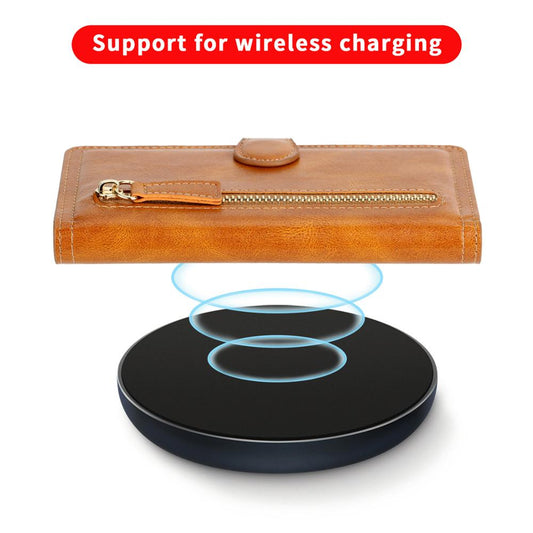 Brown leather wallet above a wireless charging pad with text 'Support for wireless charging' on a white background.