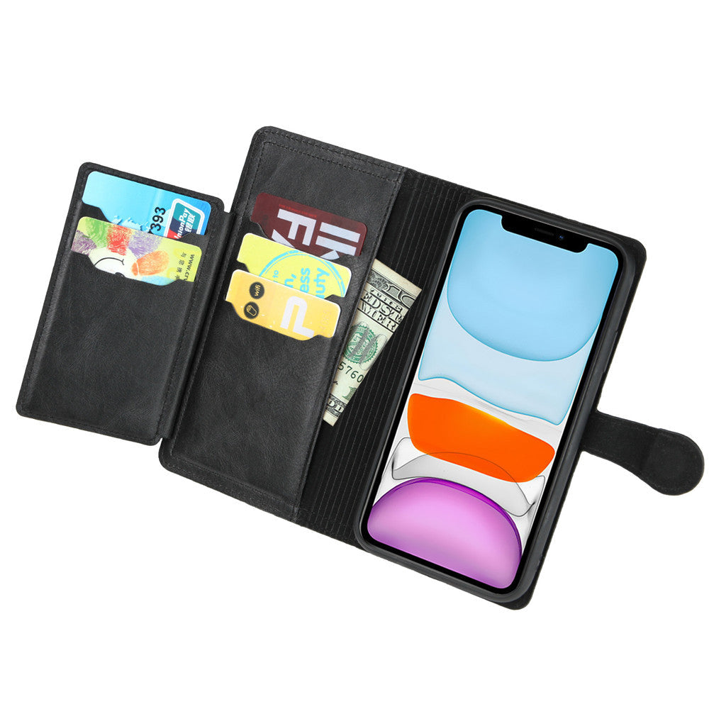 Black phone wallet case with card slots and phone pocket on a white background