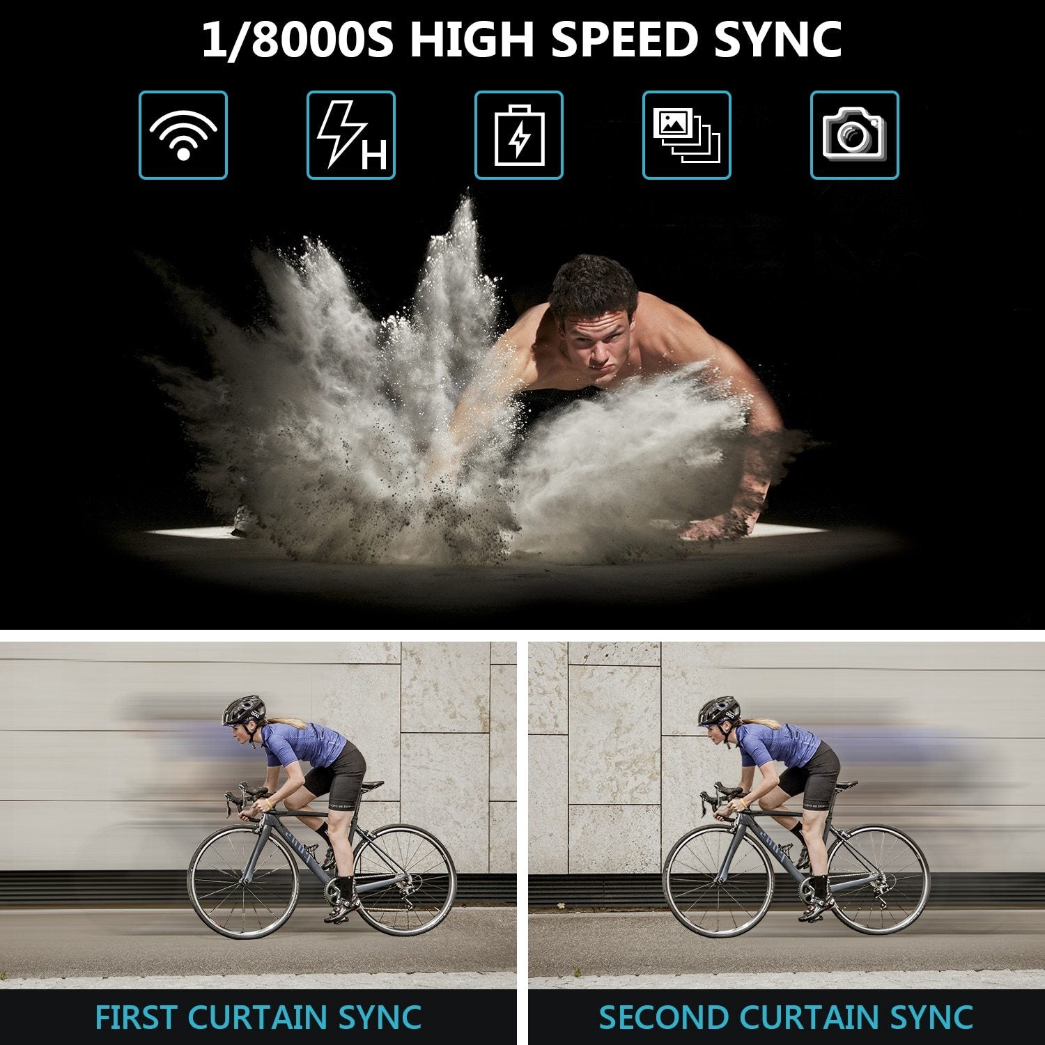 High-speed sync photography demonstration with a cyclist and dust effect.