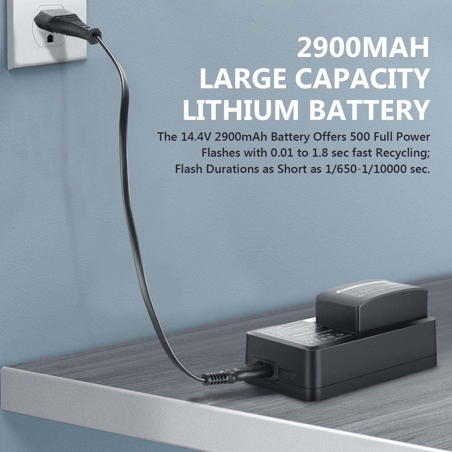 Black lithium battery being charged with text about its capacity and features.